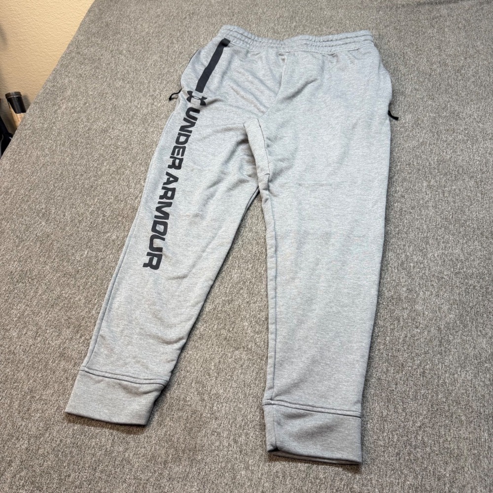 Under Armour ColdGear Mens Fitted Joggers Gray Logo Graphic Sweatpants LG 1190